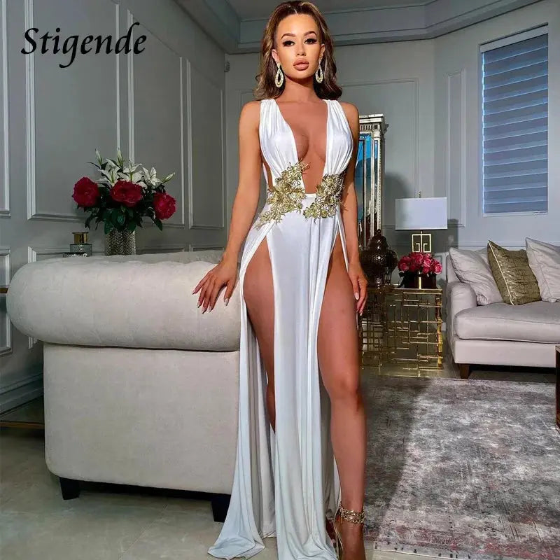 Floral-Appliqué High-Split Evening Dress