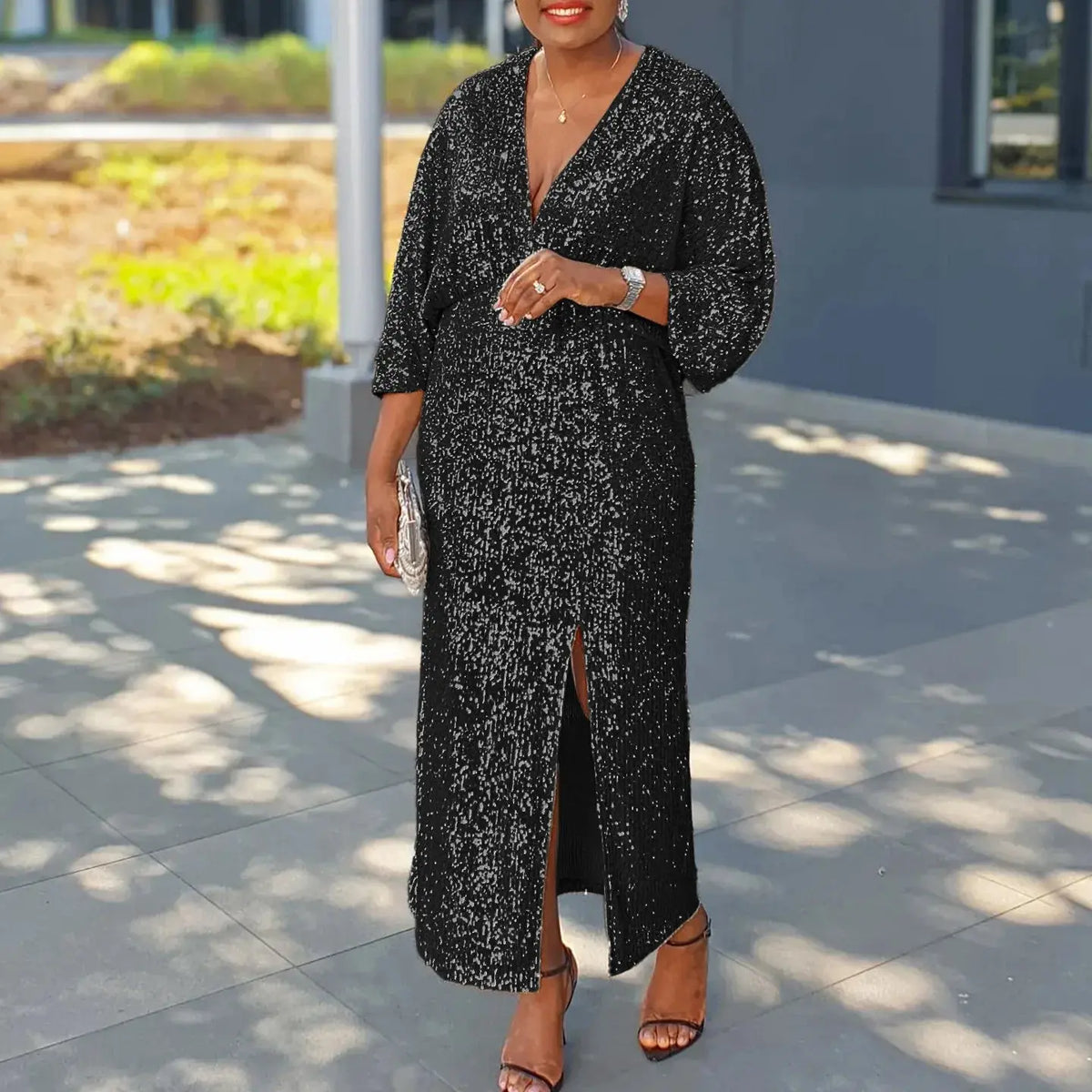Sequined V-Neck High-Split Gown
