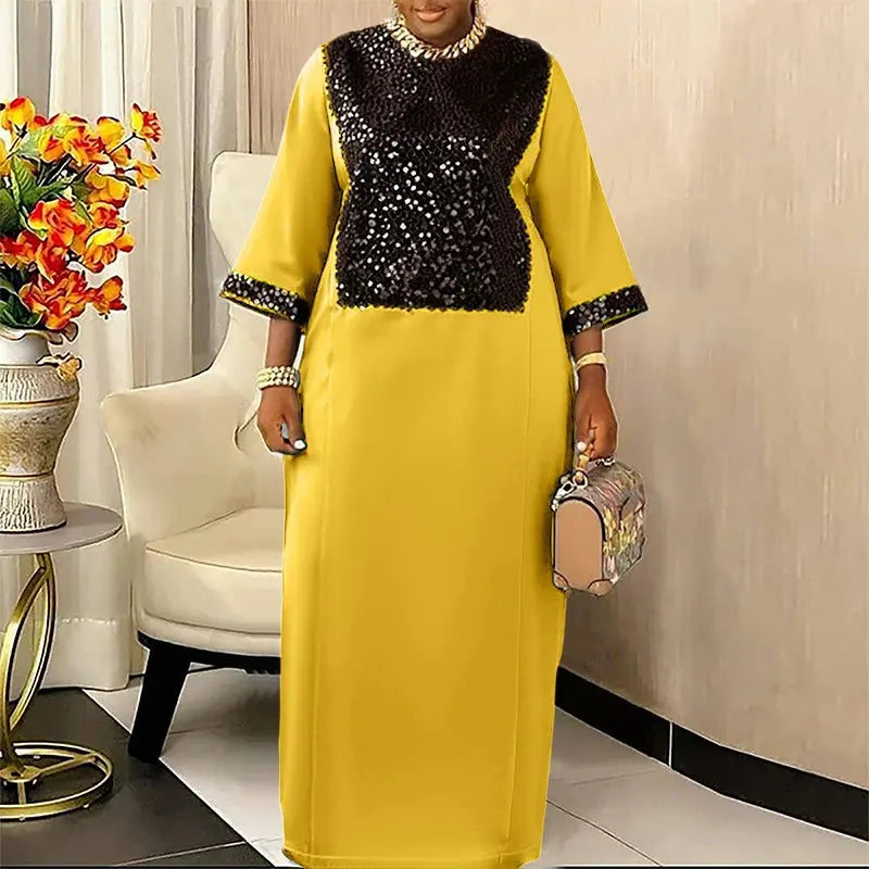 Sequin-Spliced Three-Quarter-Sleeve Maxi Dress