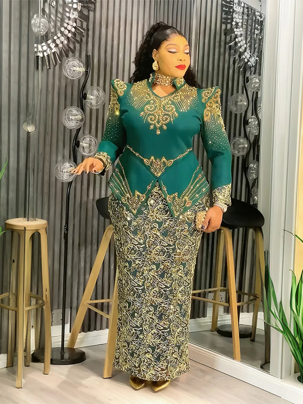 Ankara-Inspired Long-Sleeve Maxi Gown