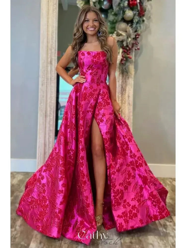 Fuchsia Strapless High-Slit Prom Gown