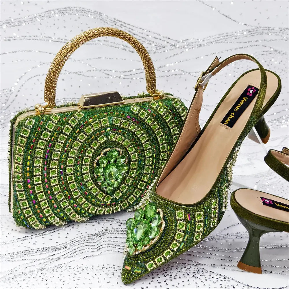 Capture Glamour: Green Heels & Rhinestone Set