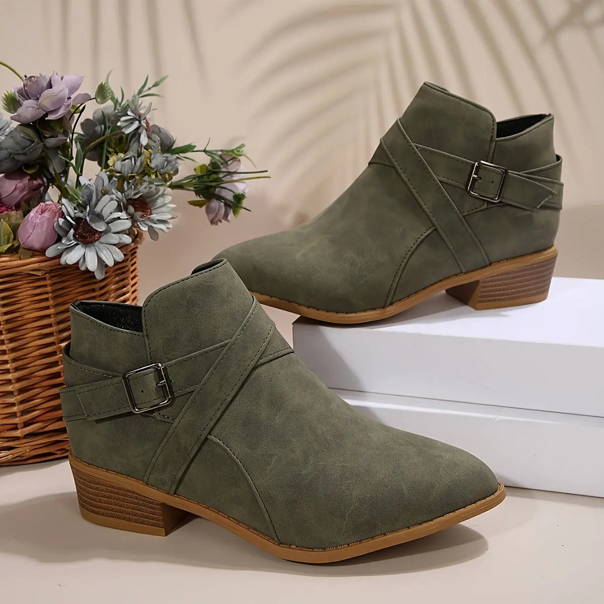 Olive Green Ankle Boots - Block Heel Booties