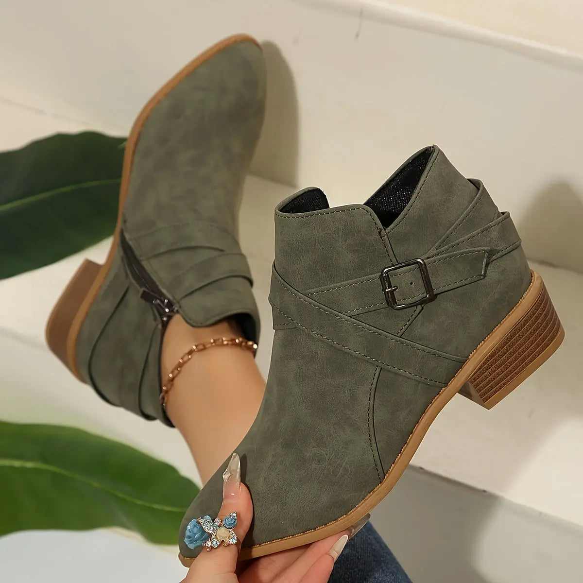 Olive Green Ankle Boots - Block Heel Booties