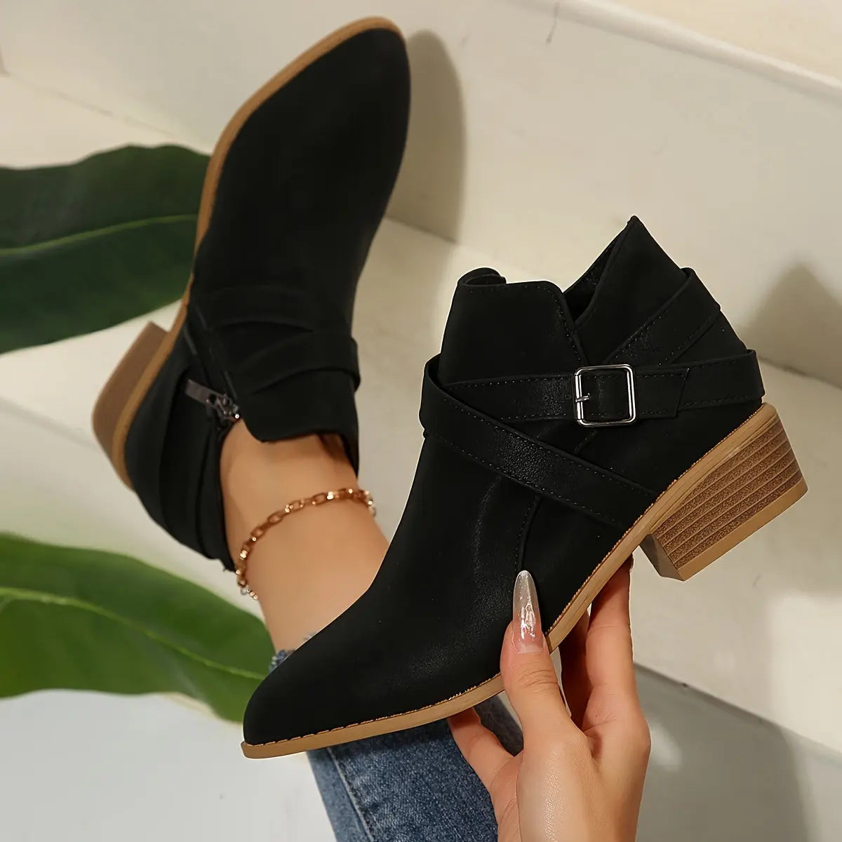 Olive Green Ankle Boots - Block Heel Booties