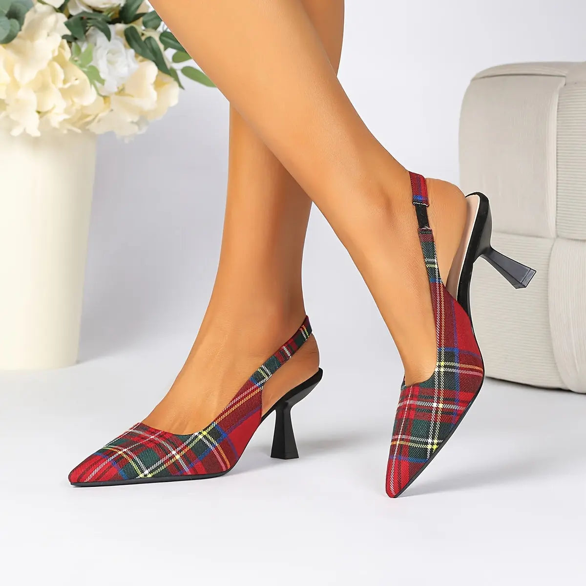 Plaid Pointed-Toe Stiletto Mules