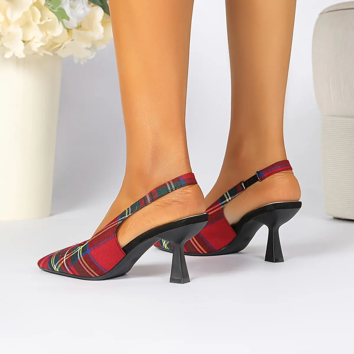Plaid Pointed-Toe Stiletto Mules