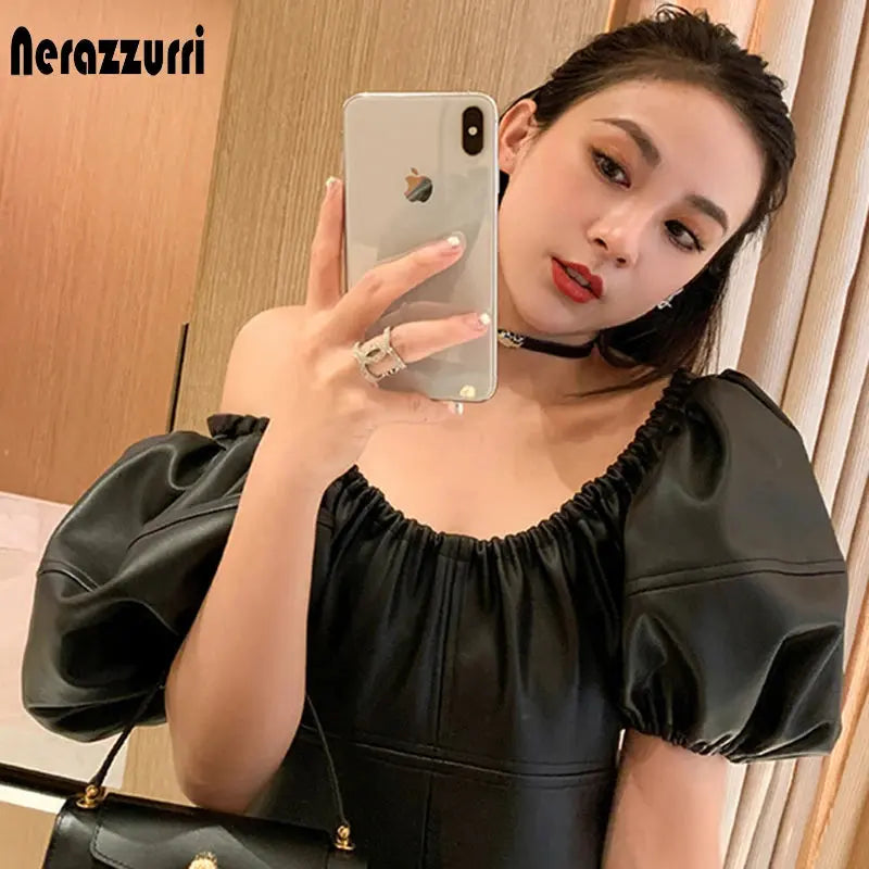 Lantern-Sleeve Faux-Leather Dress