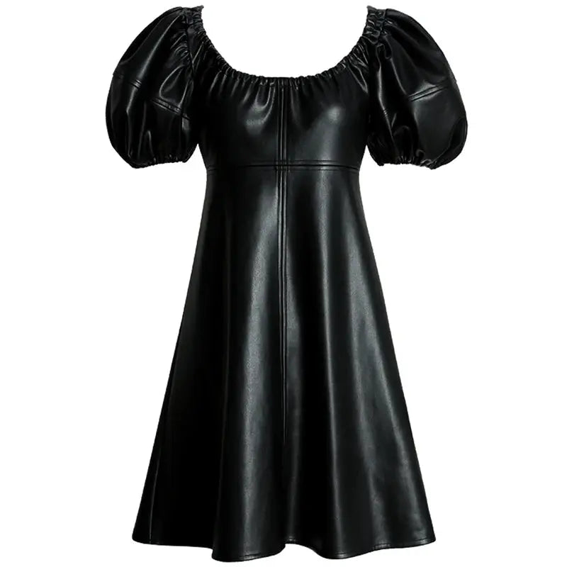 Lantern-Sleeve Faux-Leather Dress
