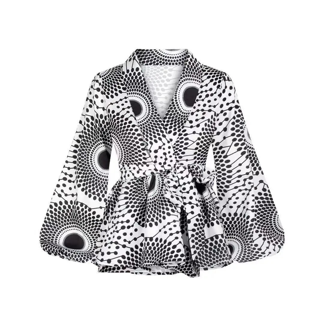 African-Print V-Neck Long-Sleeve Top