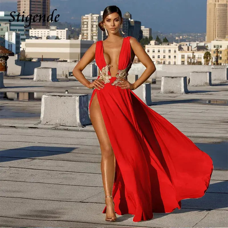 Floral-Appliqué High-Split Evening Dress