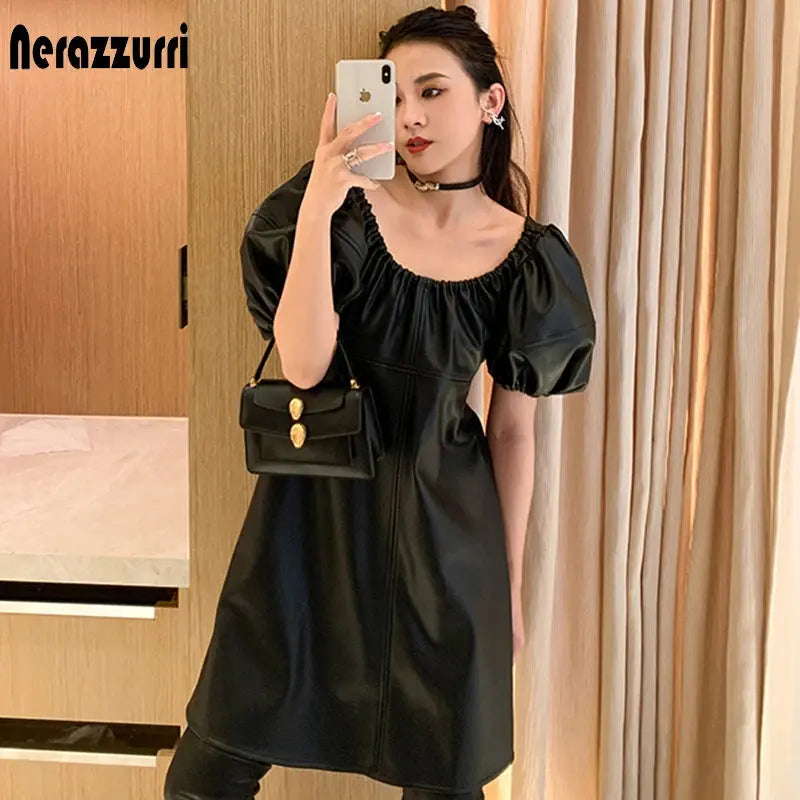 Lantern-Sleeve Faux-Leather Dress