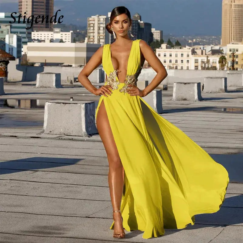Floral-Appliqué High-Split Evening Dress