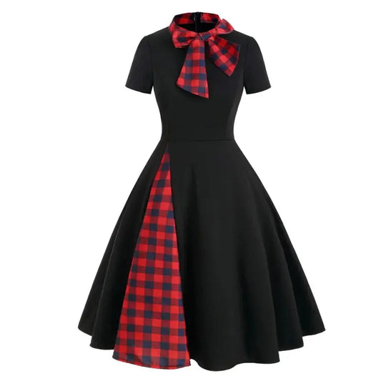 Vintage Bow-Neck Plaid Midi Dress