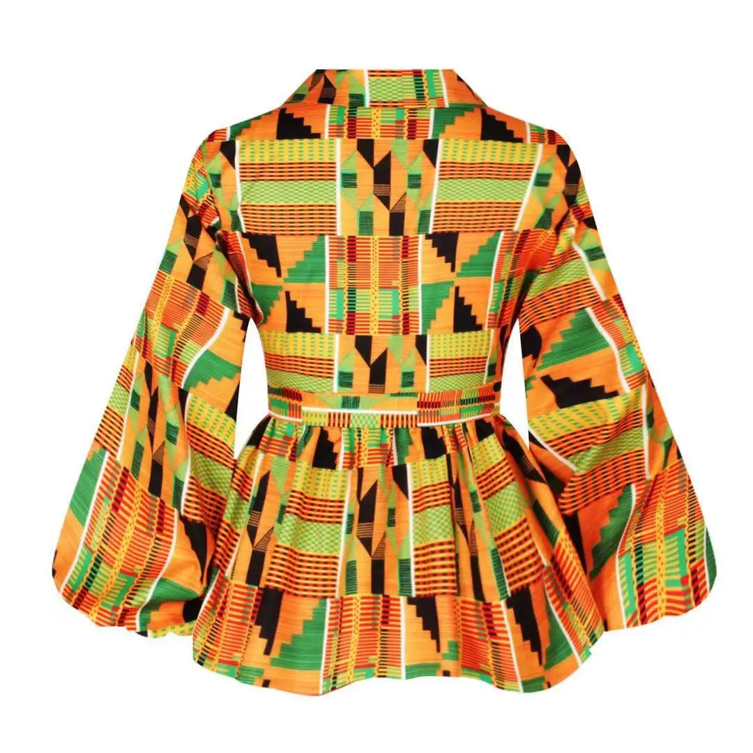 African-Print V-Neck Long-Sleeve Top