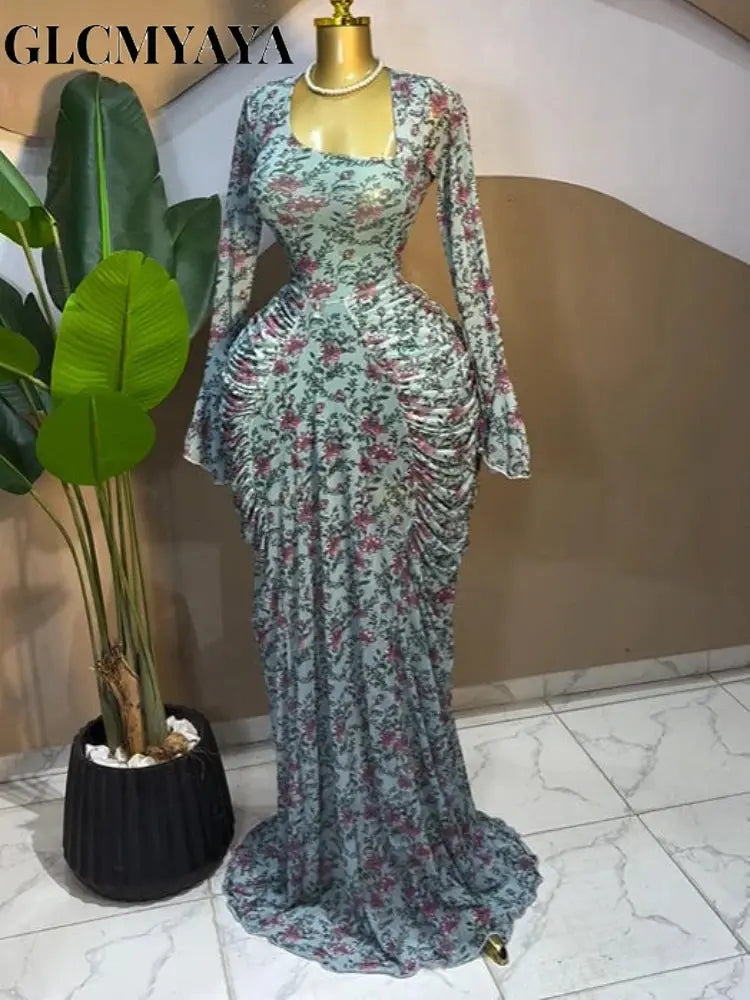 Floral Asymmetrical Ruched Maxi Dress