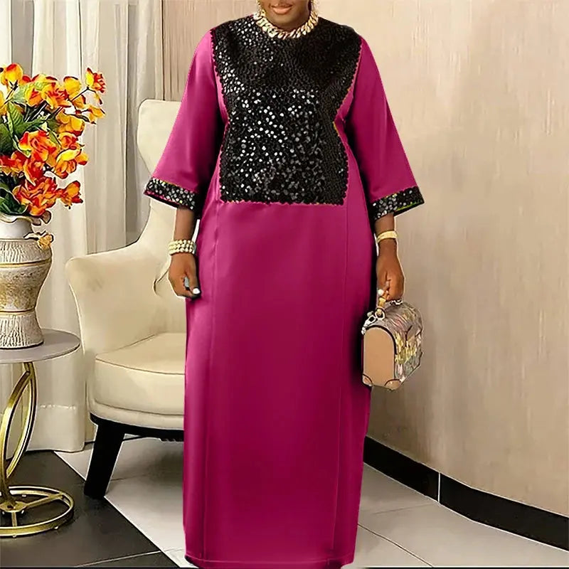 Sequin-Spliced Three-Quarter-Sleeve Maxi Dress