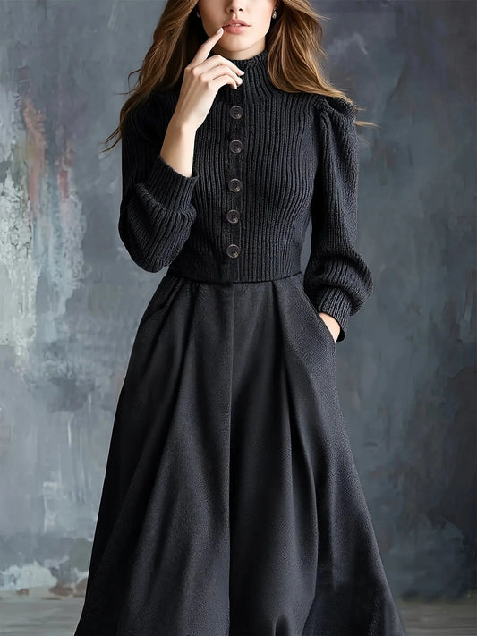 Black Knit Half-Turtleneck Maxi Dress