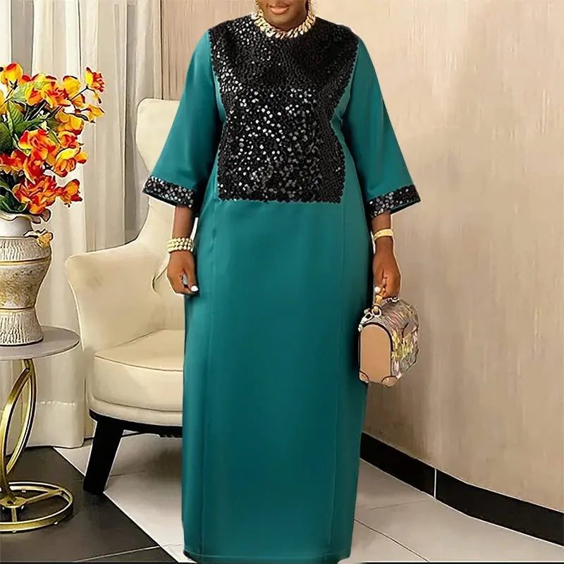 Sequin-Spliced Three-Quarter-Sleeve Maxi Dress