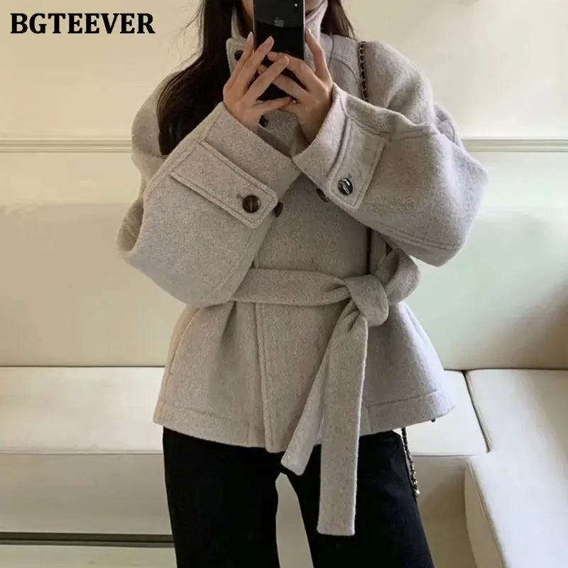 Stand-Collar Belted Coat
