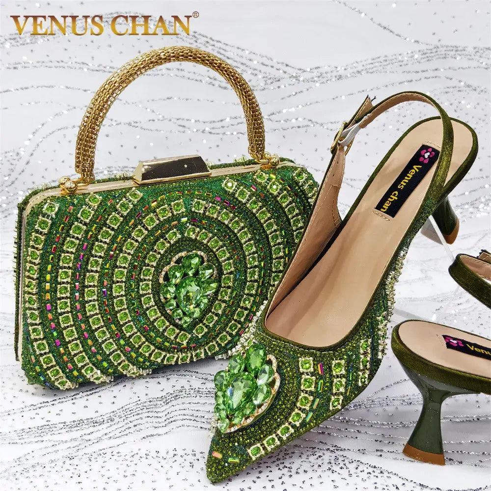 Capture Glamour: Green Heels & Rhinestone Set