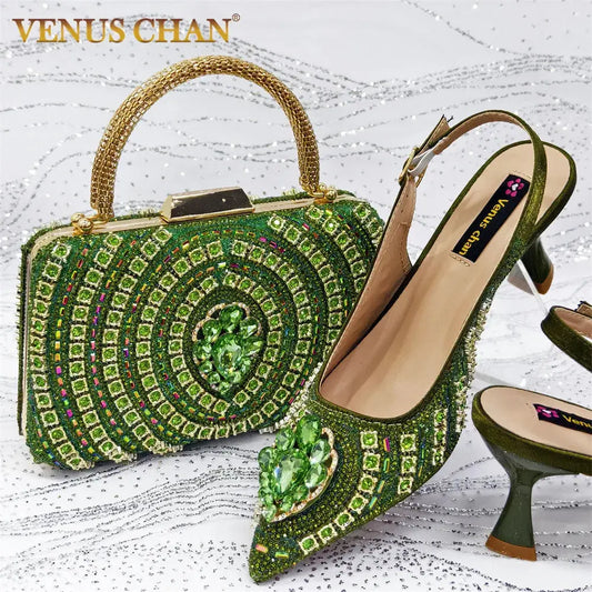 Capture Glamour: Green Heels & Rhinestone Set