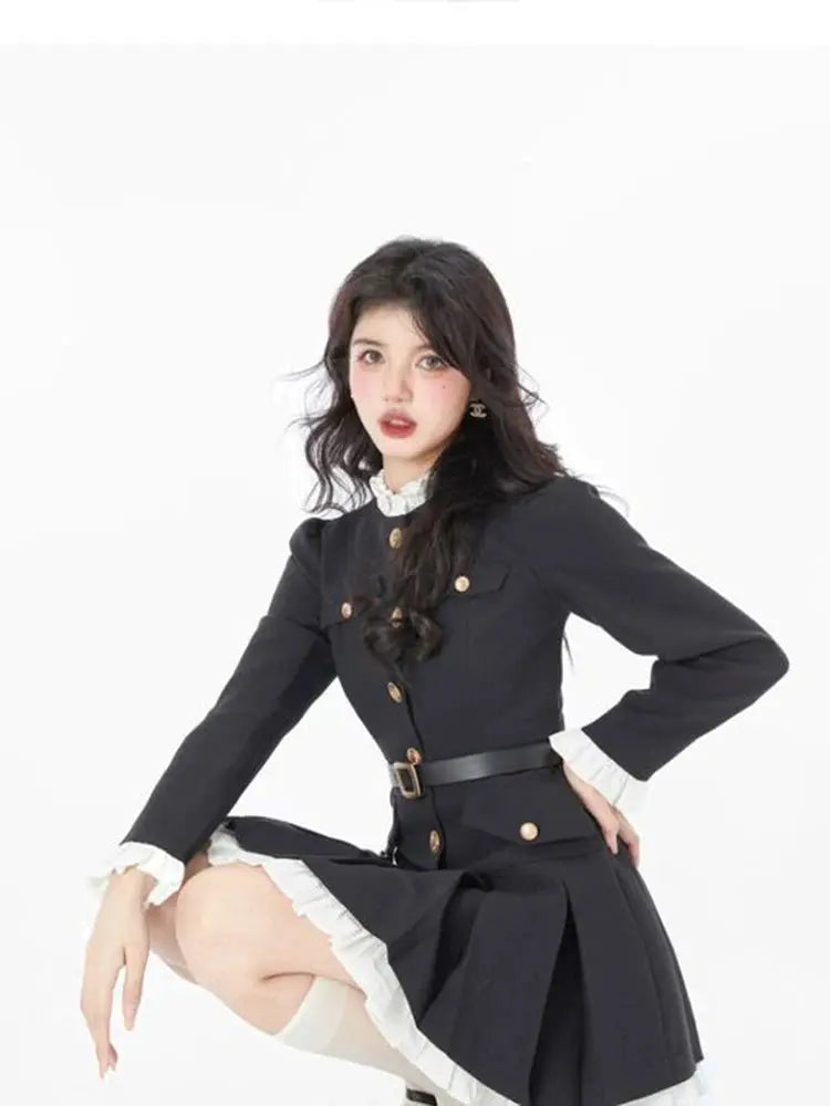 Button-Detail Long-Sleeve Mini Dress