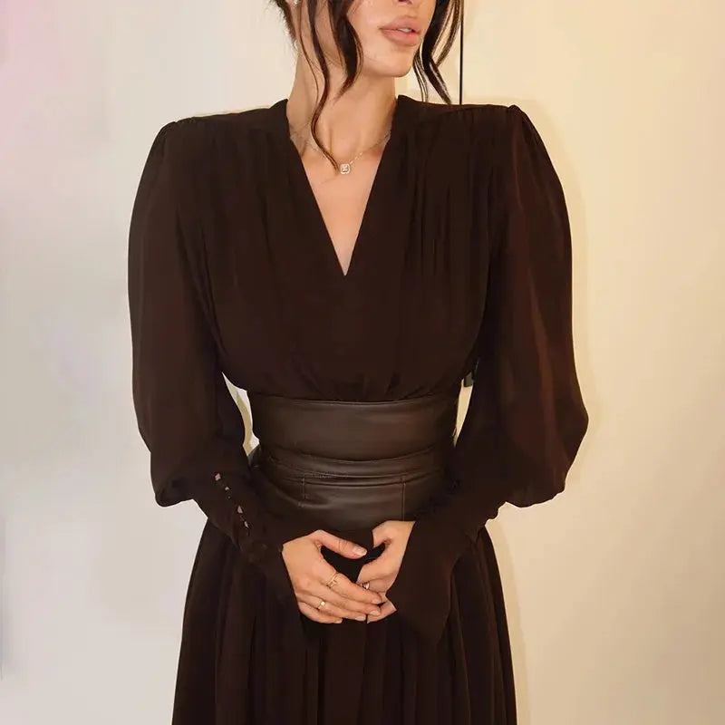 Deep V-Neck Pleated Maxi Dress