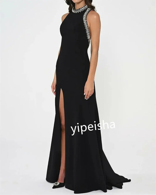 Beaded Pleated Halter Evening Gown