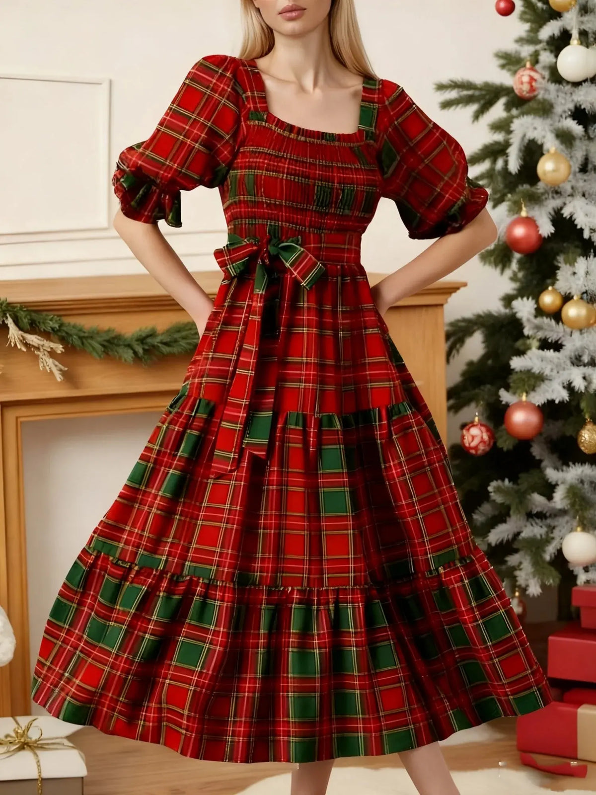 Plaid Bow A-Line Midi Dress