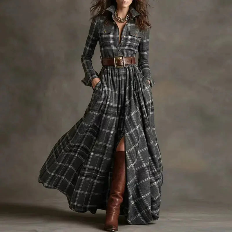 Autumn Whisper Maxi: Swirl in Plaid Elegance