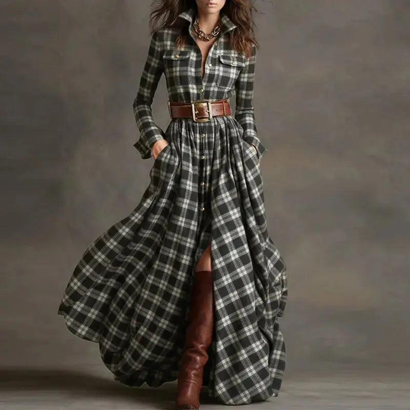 Autumn Whisper Maxi: Swirl in Plaid Elegance