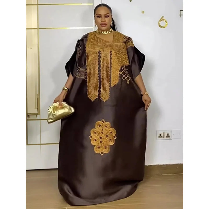 Embroidered Satin-Style Square-Neck Robe Dress