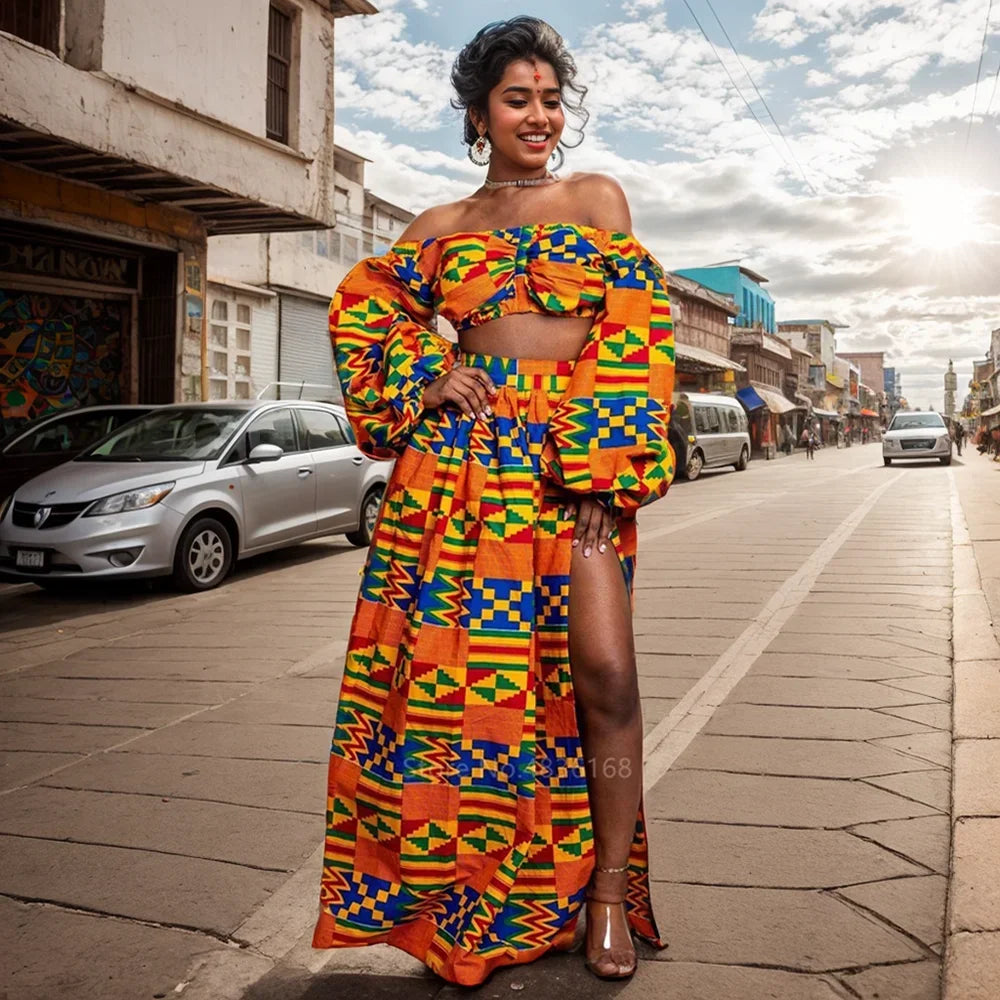 African Heritage Two-Piece Set with Slash-Neck Top & Slit Skirt