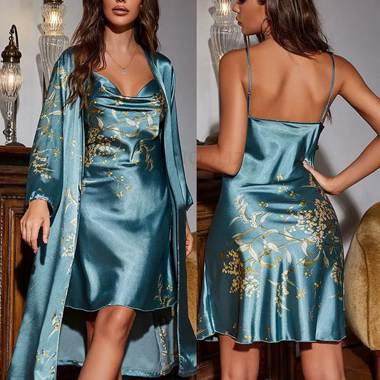 Slip into Luxe: Cherry Blossom Satin Robe Set