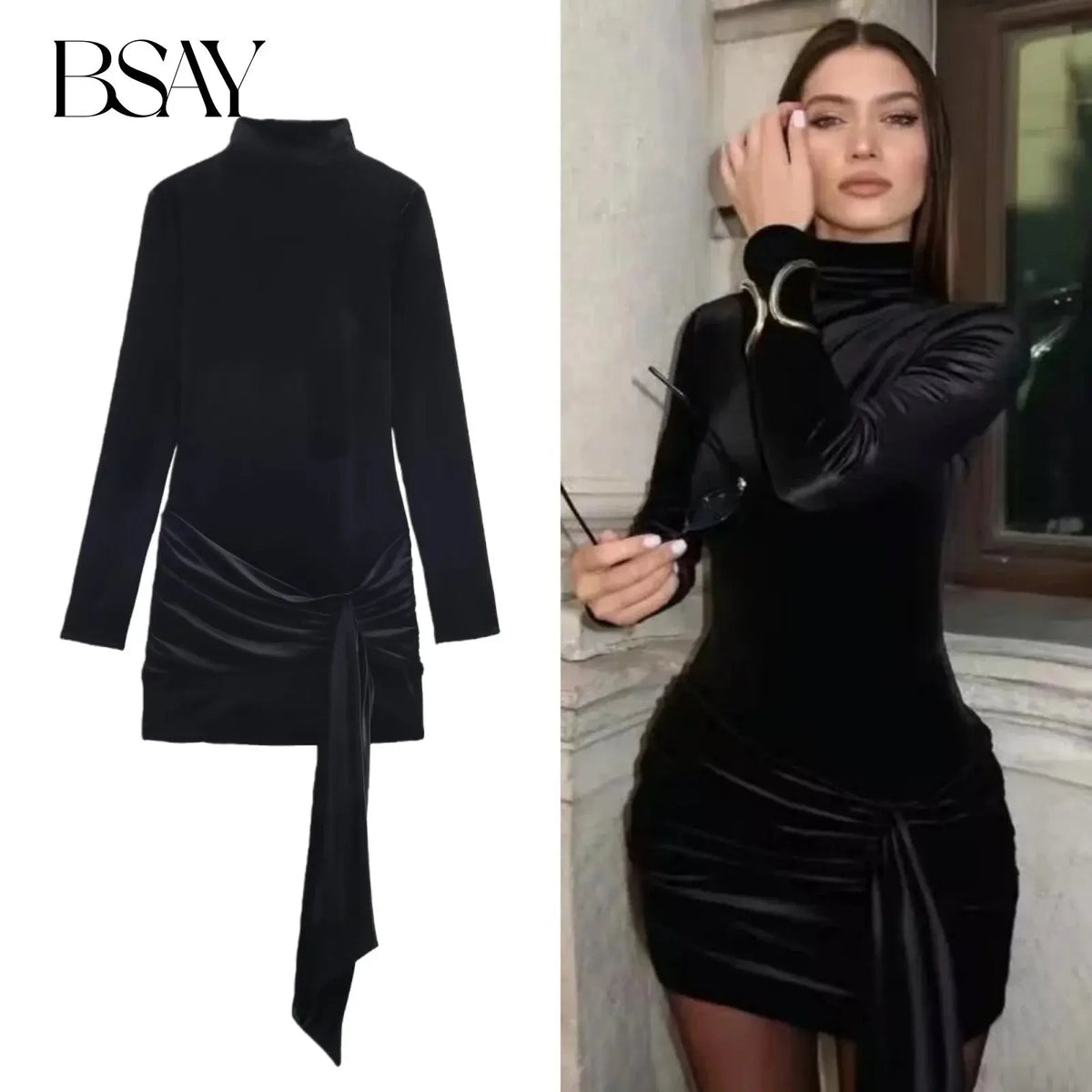 Midnight Charm Velvet Turtleneck Mini Dress