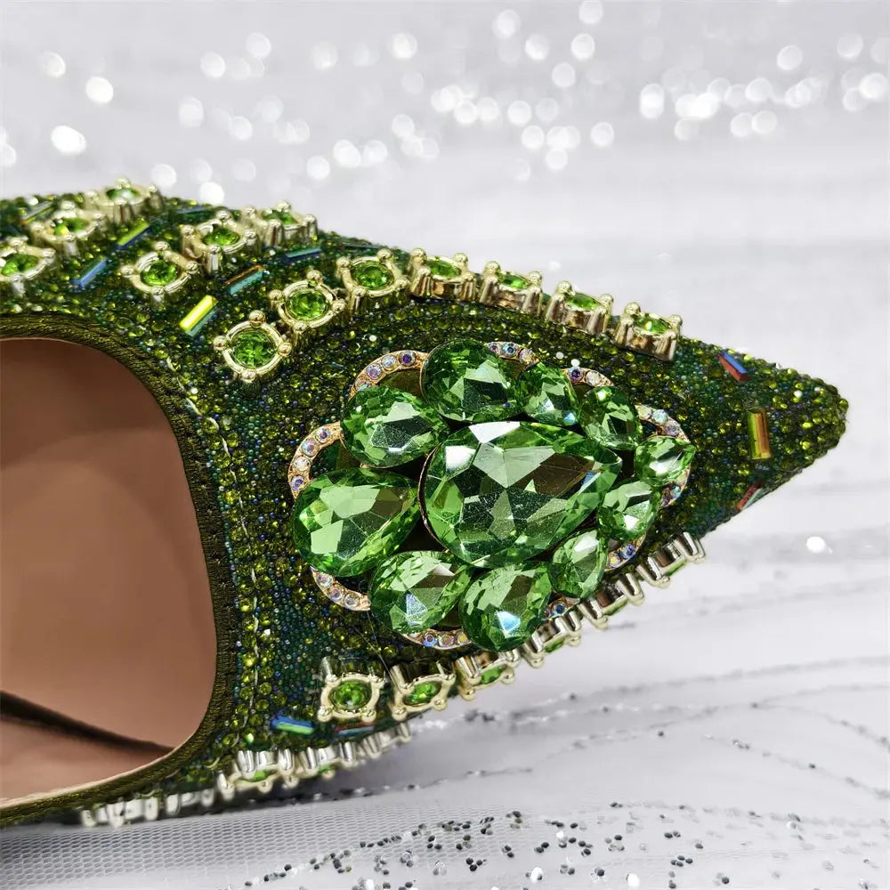 Capture Glamour: Green Heels & Rhinestone Set