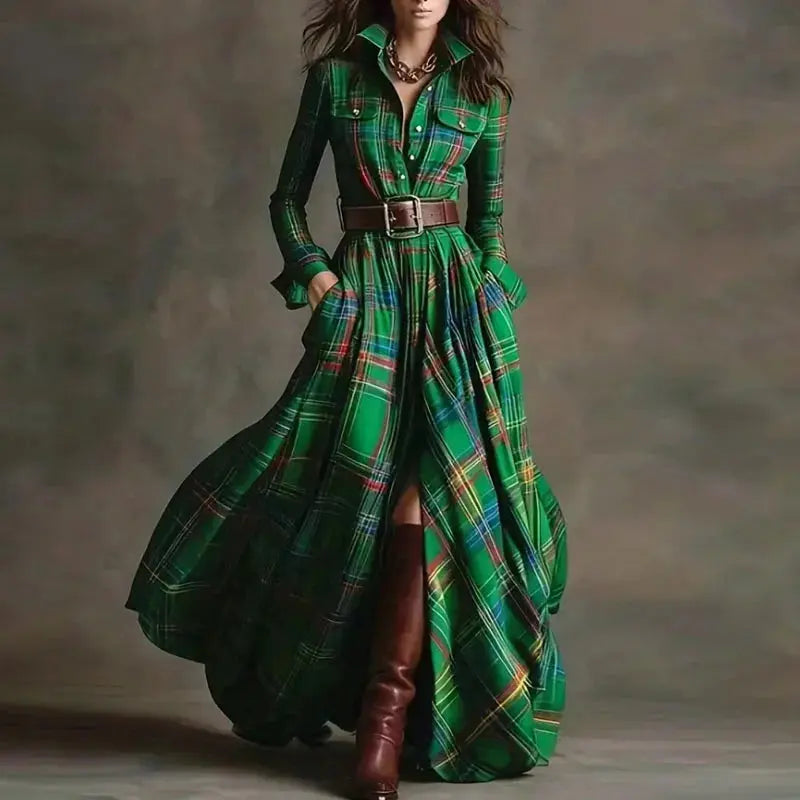 Autumn Whisper Maxi: Swirl in Plaid Elegance