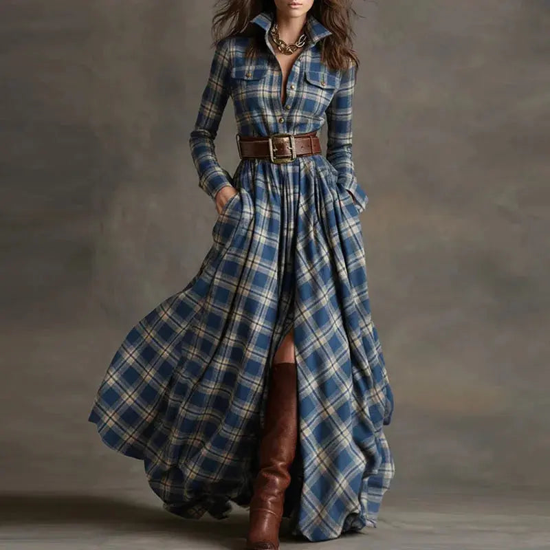 Autumn Whisper Maxi: Swirl in Plaid Elegance