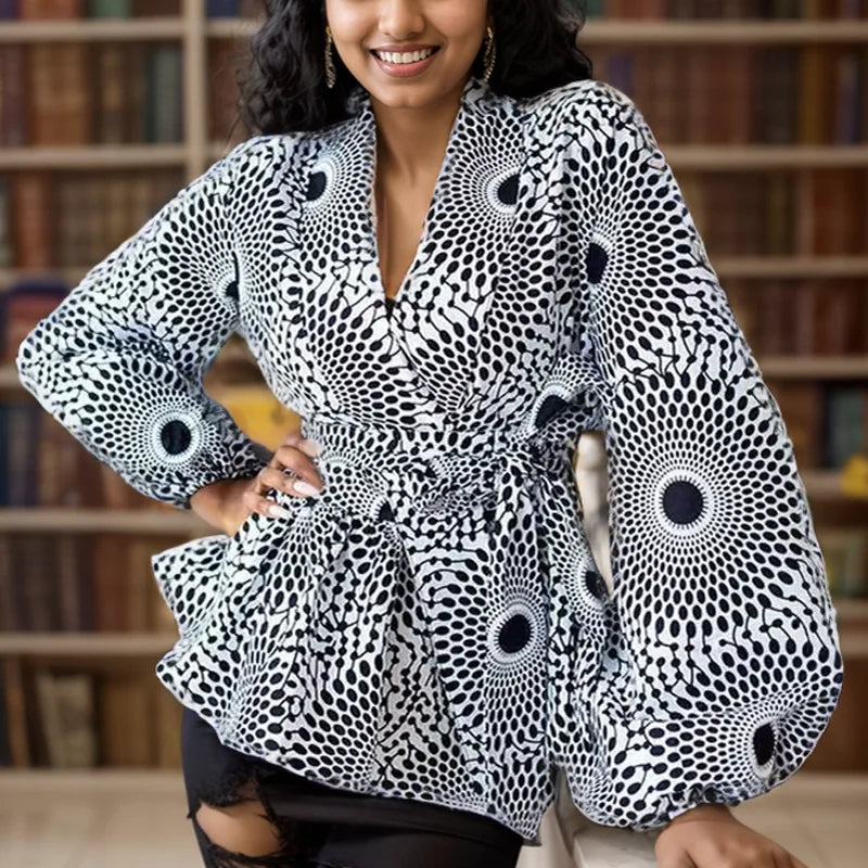 African-Print V-Neck Long-Sleeve Top