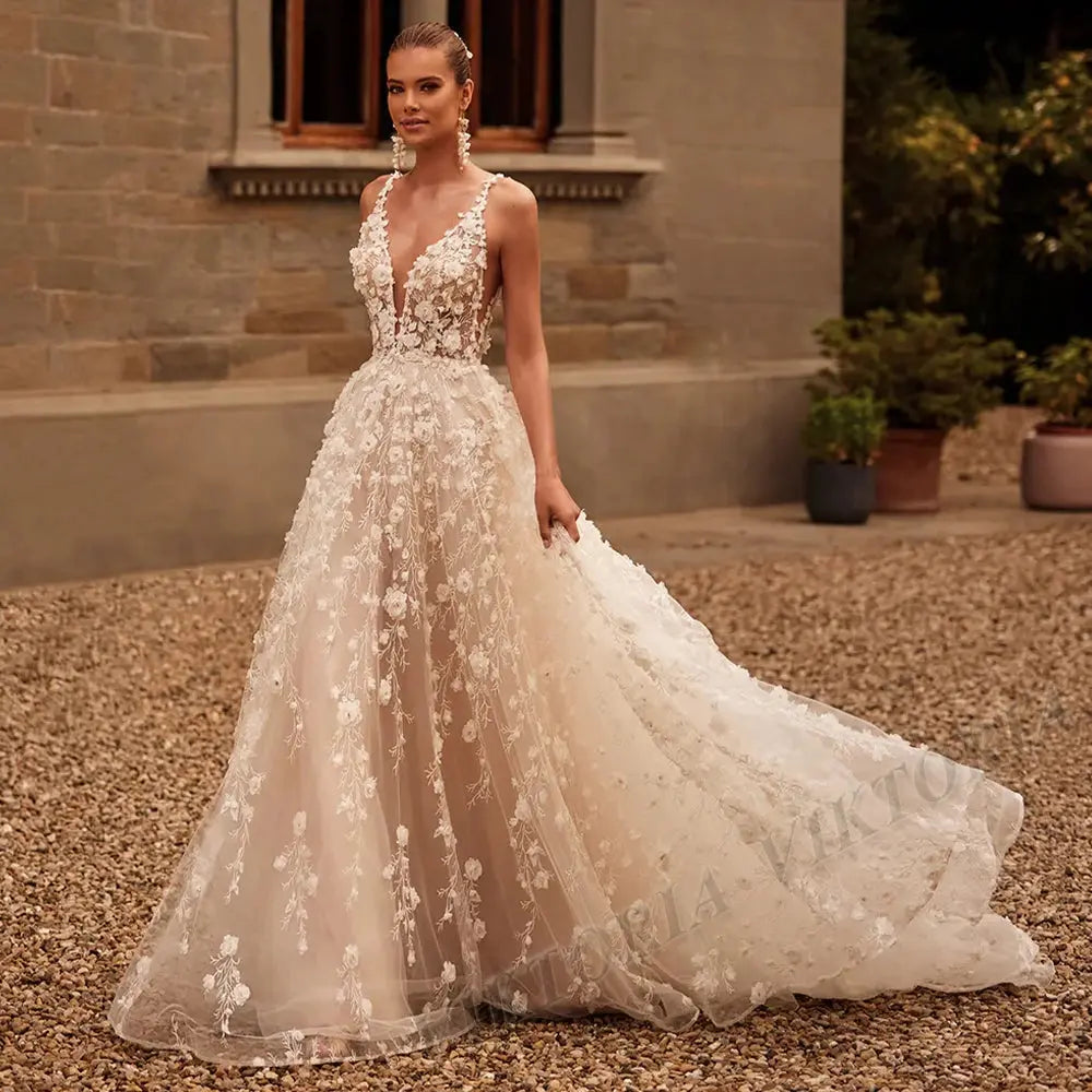 Deep V-Neck Lace Wedding Gown