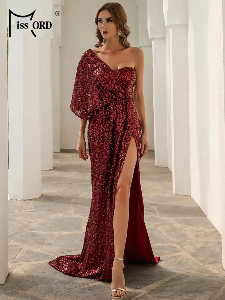 One-Shoulder Sequin Split Gown