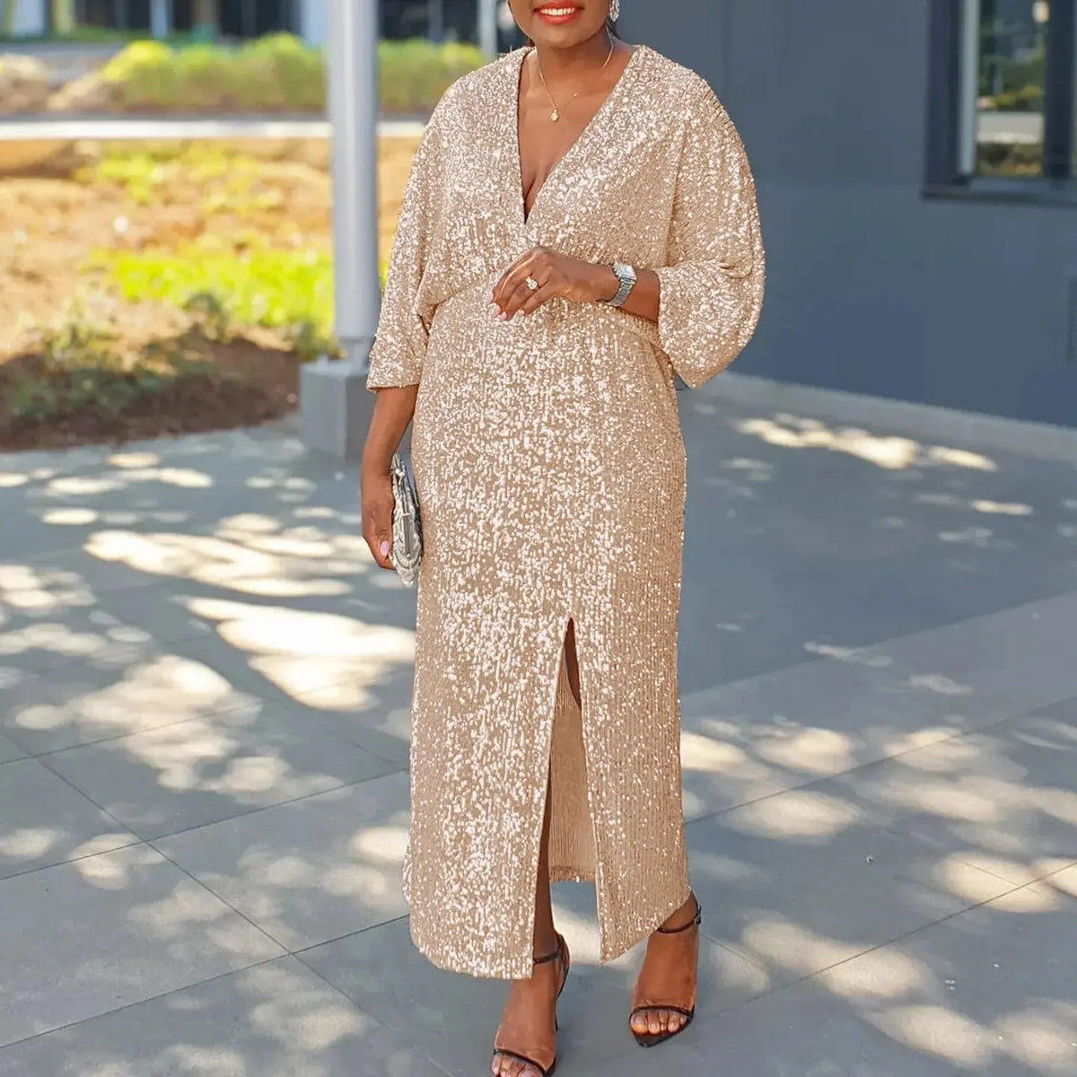 Sequined V-Neck High-Split Gown