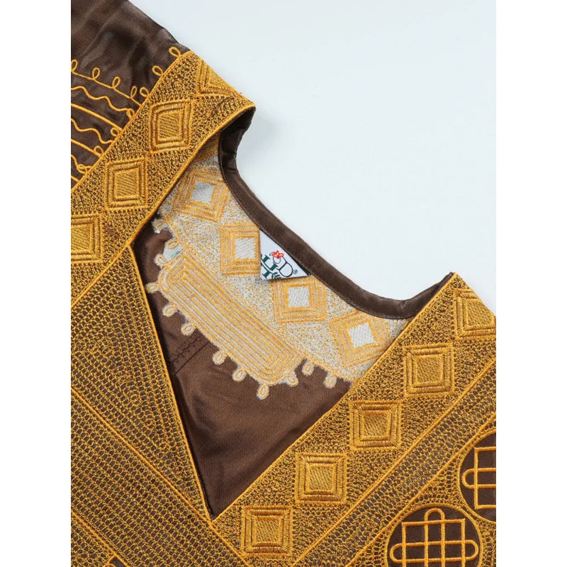 Embroidered Satin-Style Square-Neck Robe Dress