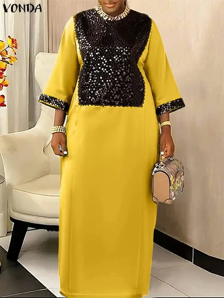 Sequin-Spliced Three-Quarter-Sleeve Maxi Dress