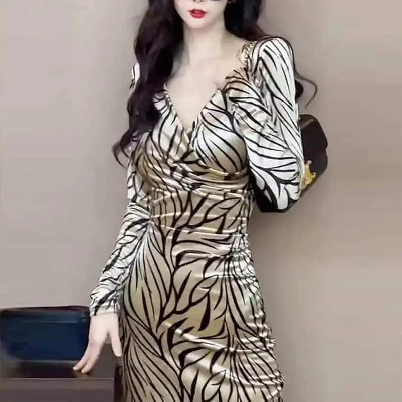 Champagne Leopard-Print V-Neck Midi Dress