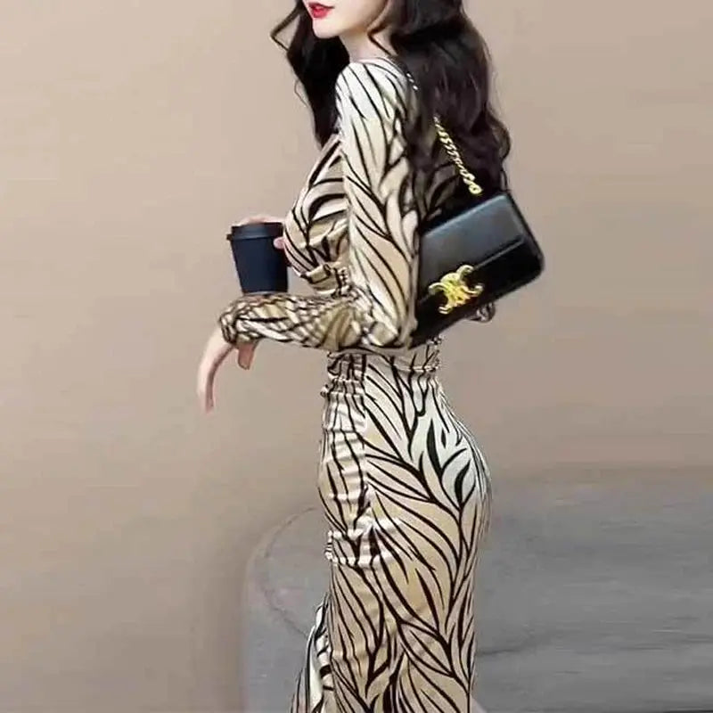 Champagne Leopard-Print V-Neck Midi Dress
