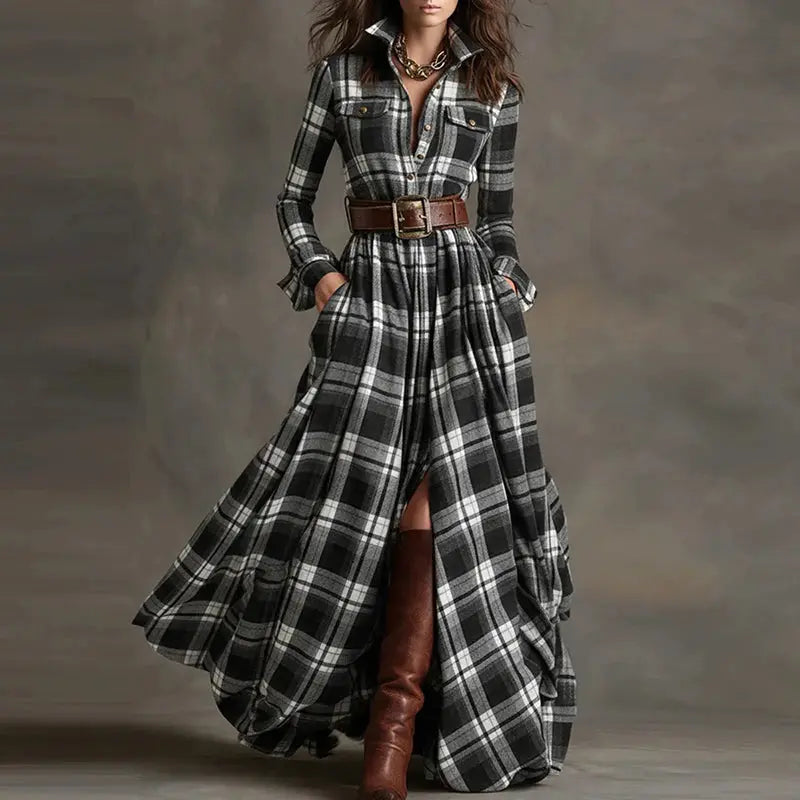 Autumn Whisper Maxi: Swirl in Plaid Elegance