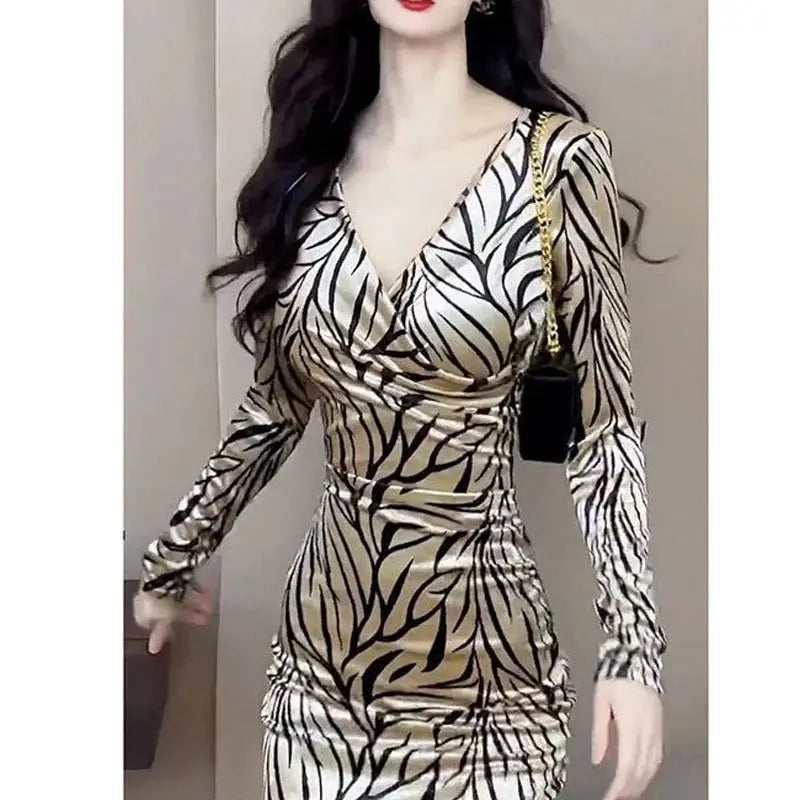 Champagne Leopard-Print V-Neck Midi Dress