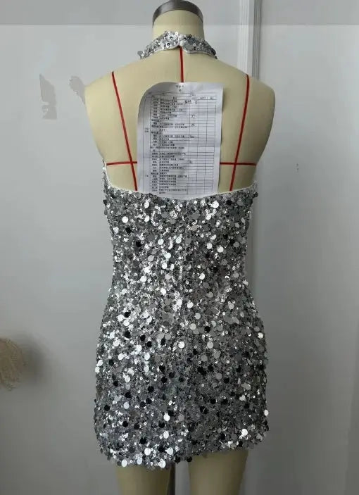Backless Sequin Halter Mini Dress